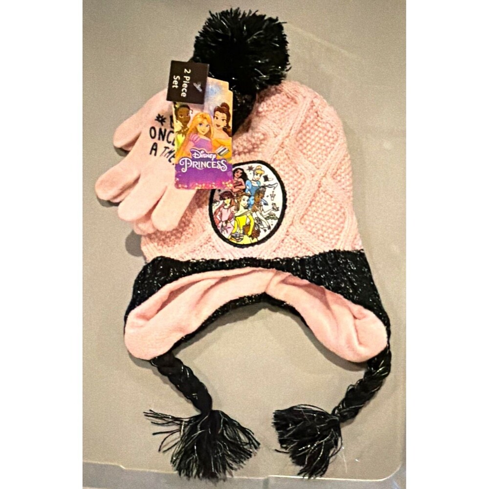 Disney Princess Girls Pink/Black Knit Hat with Gloves NWT